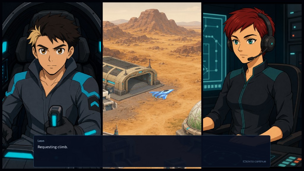 Bitrush scene with Leon in the cockpit, a desert base, and a flight controller