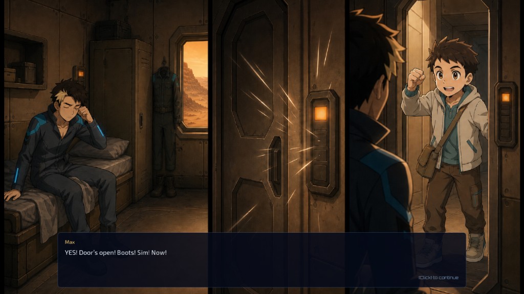 Bitrush scene with Max at an open door, ready to go