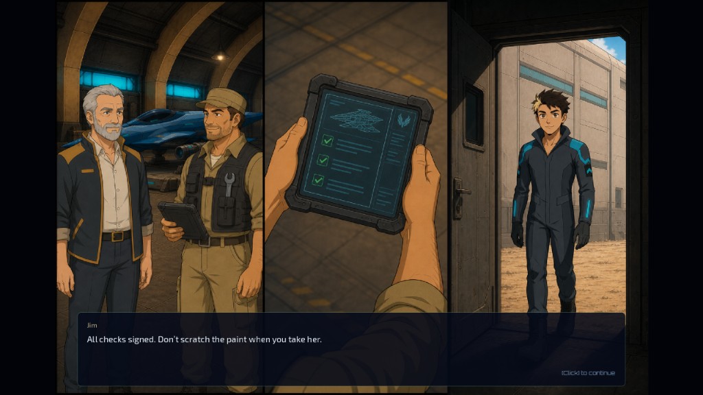Bitrush scene with Jim signing off a ship, and a pilot standing in the doorway