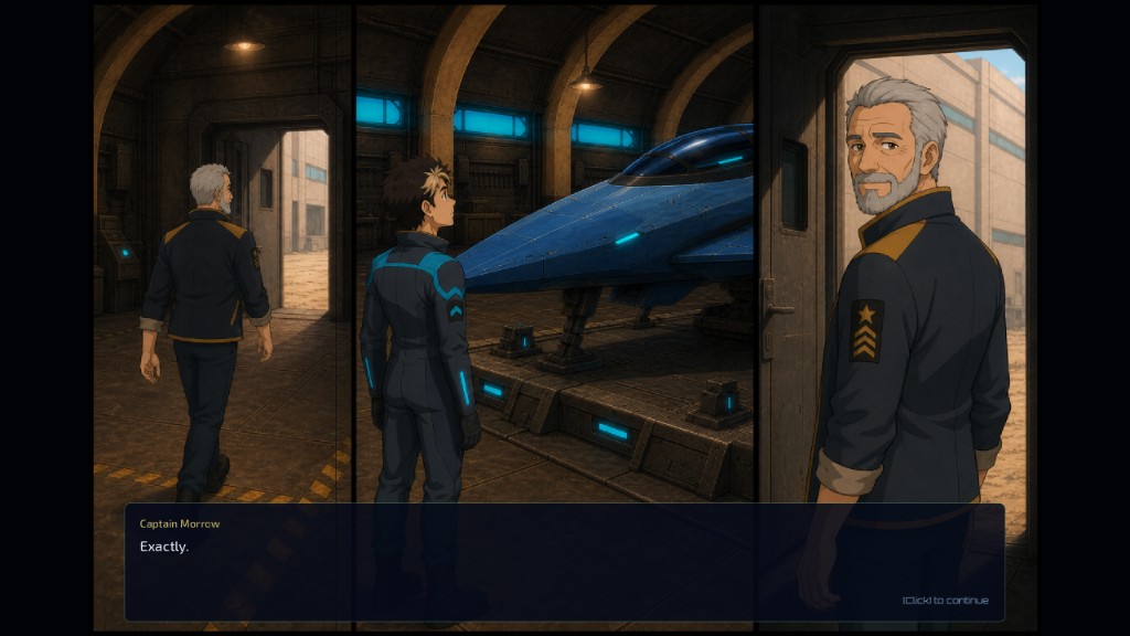 Bitrush hangar scene, with a blue ship and Captain Morrow in the doorway
