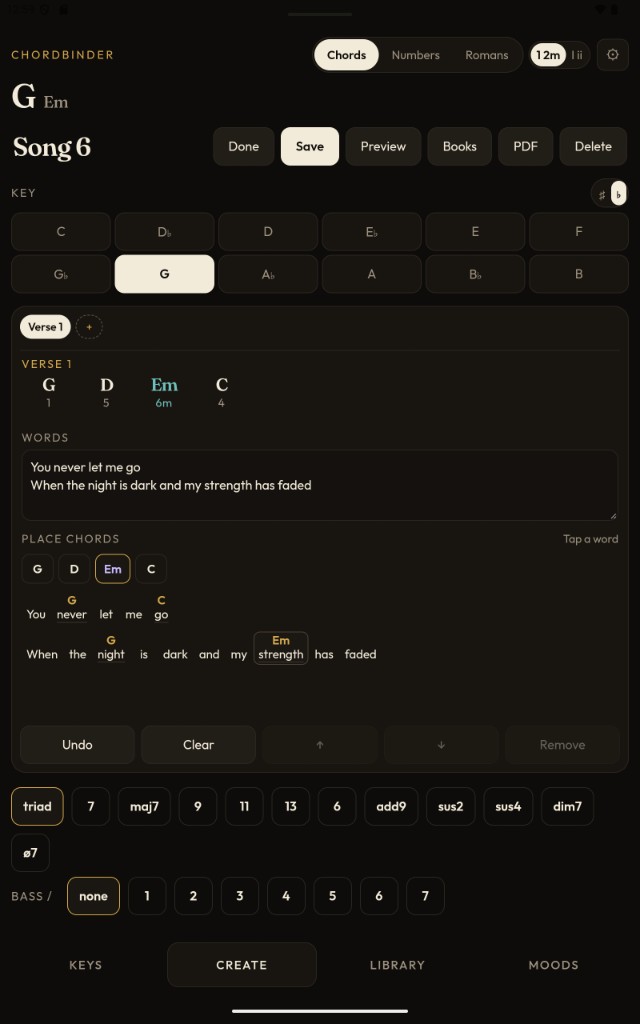 ChordBinder on a tablet, placing chords on the words of a song