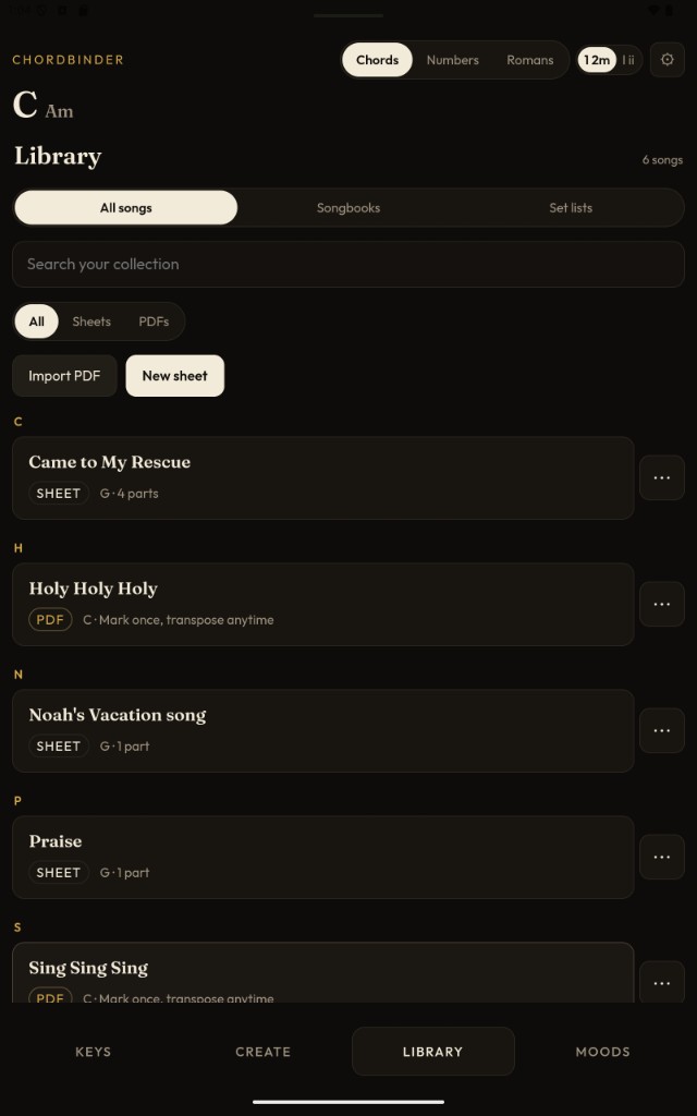 ChordBinder library of songs, sheets, and PDFs