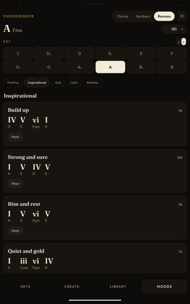 ChordBinder mood progressions written in Roman numerals