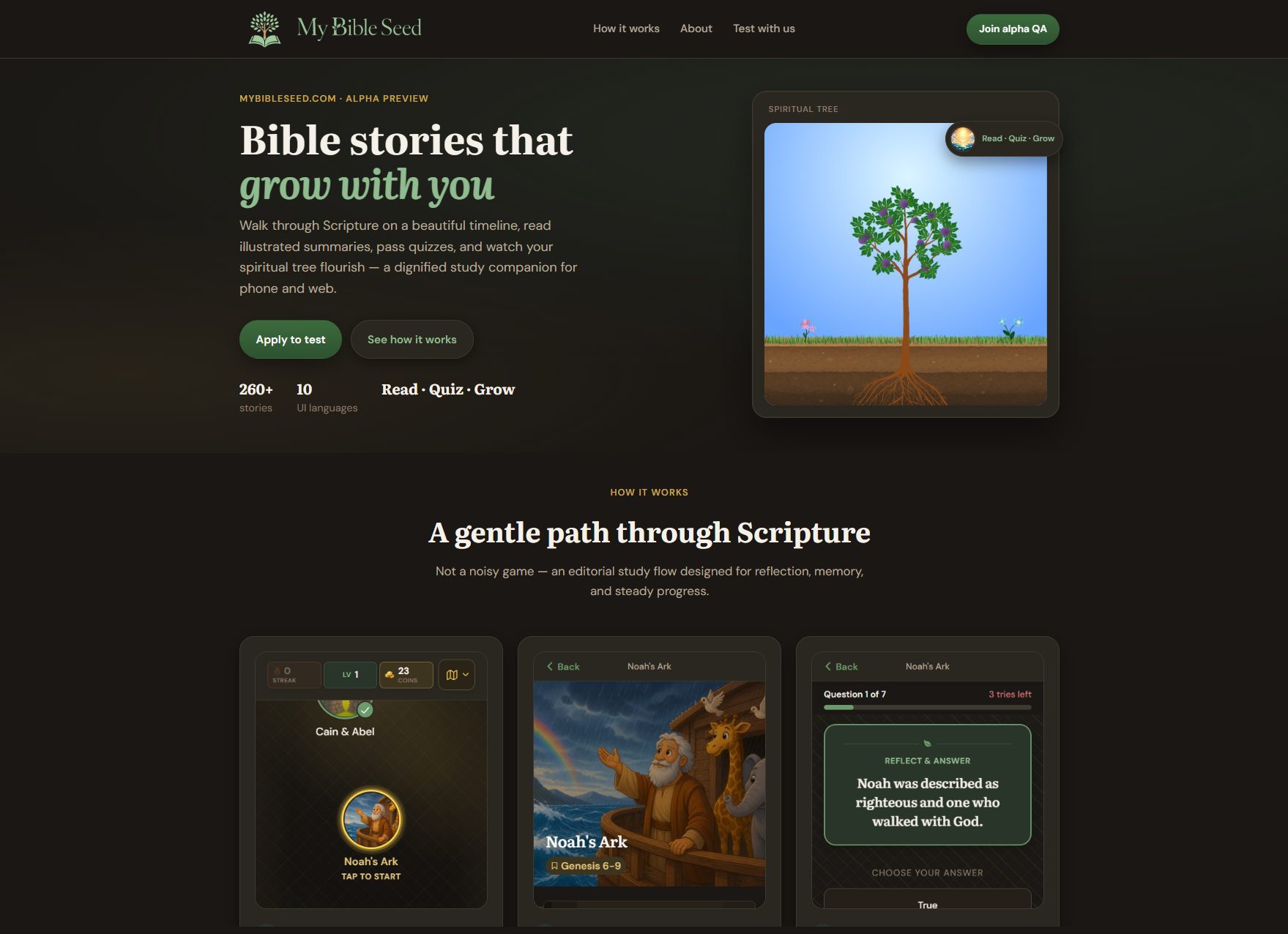 The MyBibleSeed website, with the spiritual tree and screens for the timeline, Noah’s Ark, and a quiz